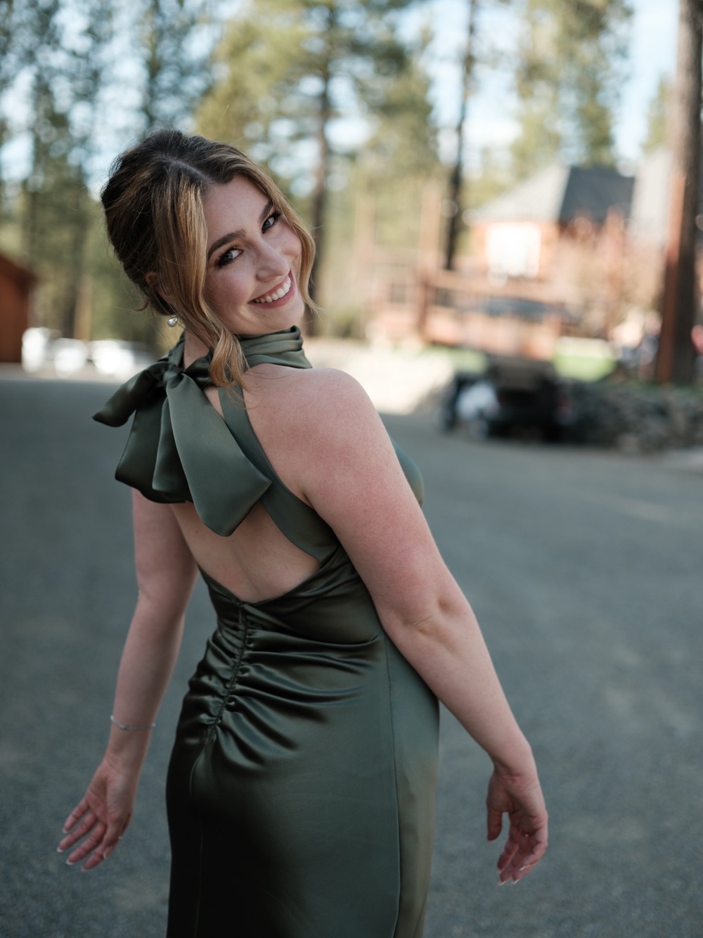Satin Halter Tie-Back Dress in Olive Green